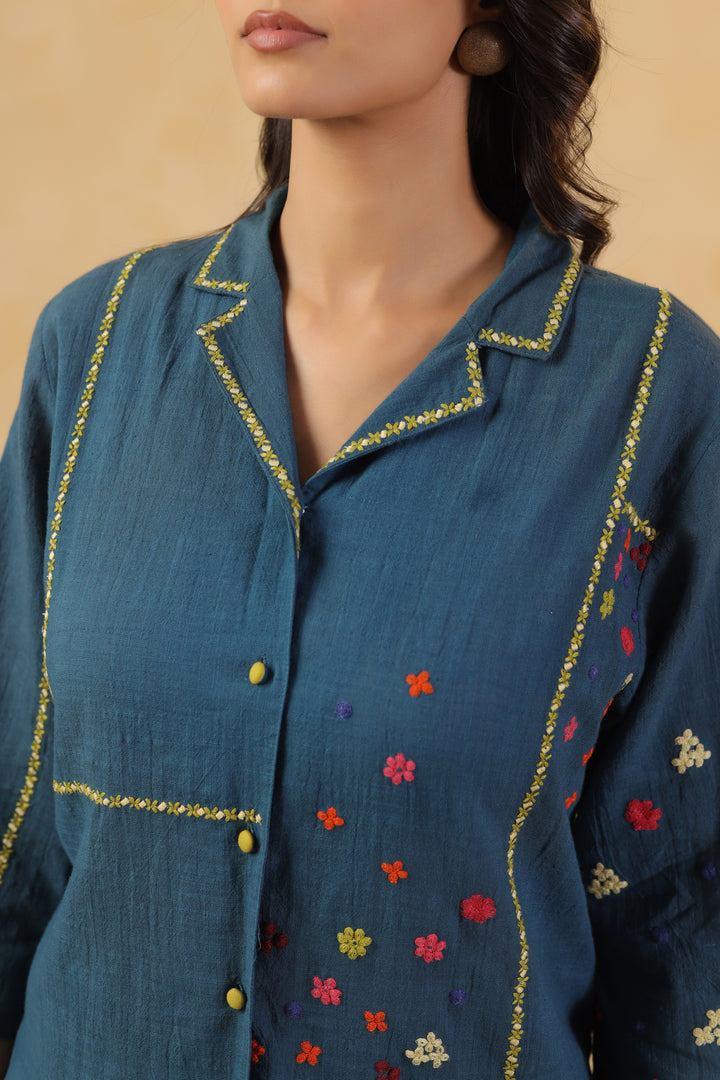 Teal Blue Cotton Flex Embroidered Designer Co-Ord Set