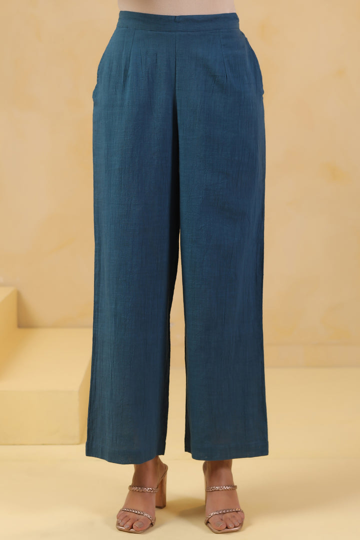 Teal Blue Cotton Flex Embroidered Designer Co-Ord Set