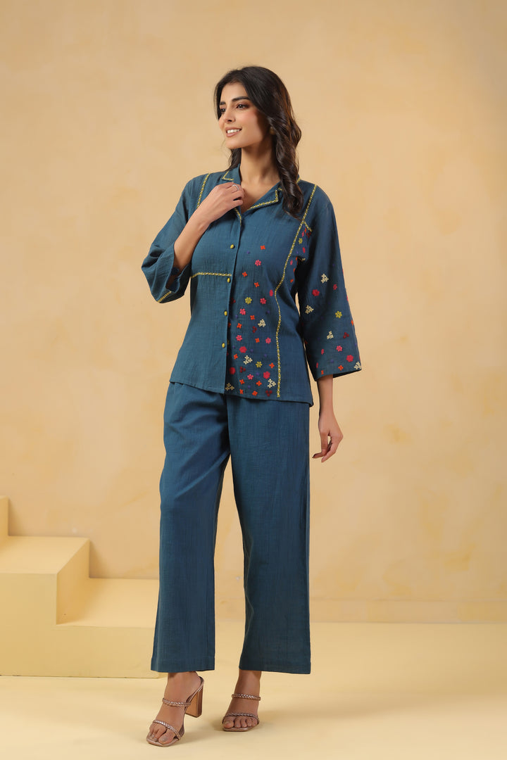 Teal Blue Cotton Flex Embroidered Designer Co-Ord Set