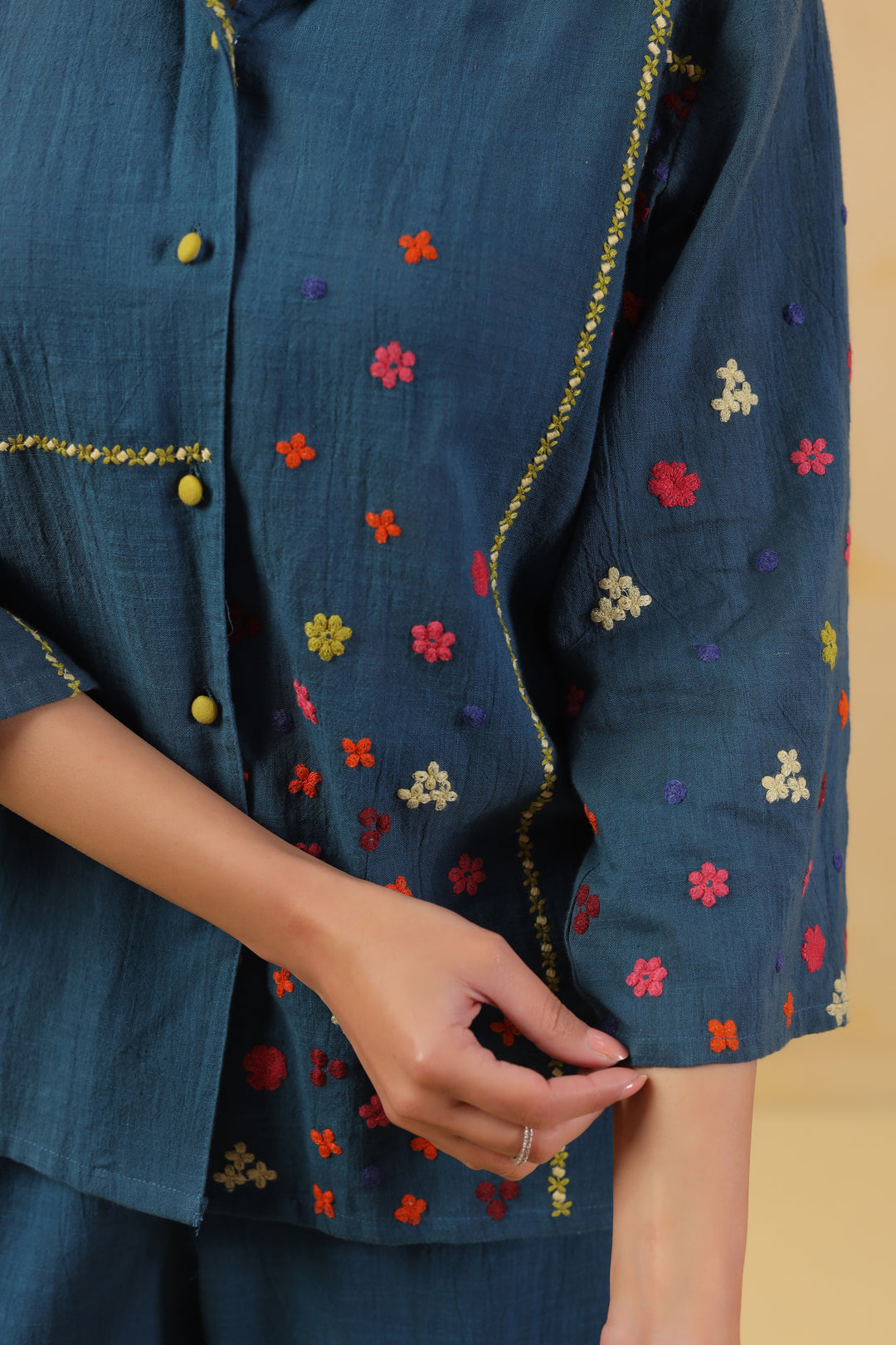 Teal Blue Cotton Flex Embroidered Designer Co-Ord Set