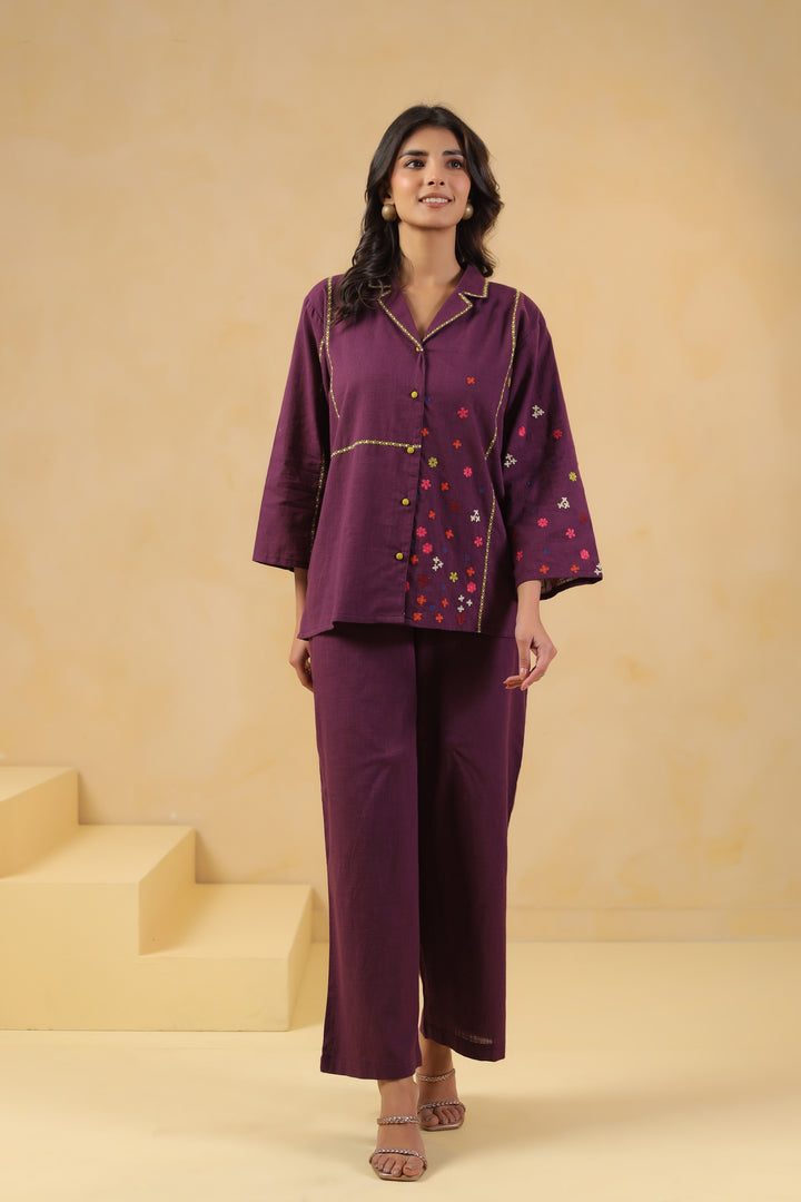 Dark Purple Embroidered Designer Co Ords Set