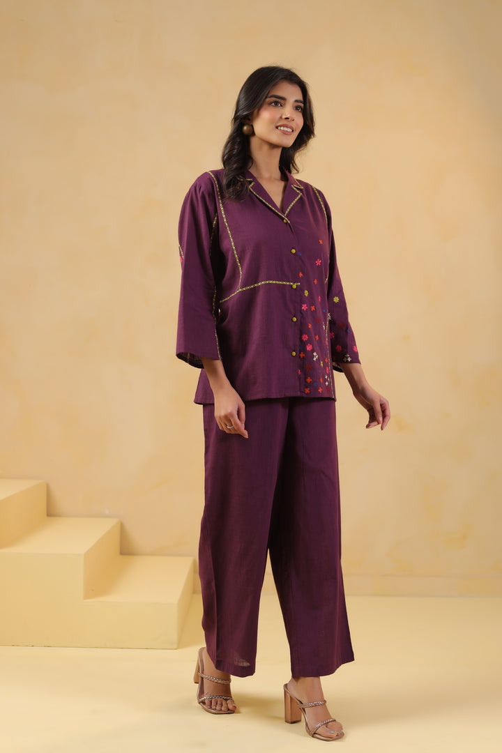 Dark Purple Embroidered Designer Co Ords Set