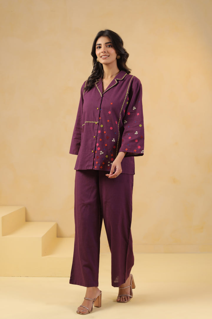 Dark Purple Embroidered Designer Co Ords Set