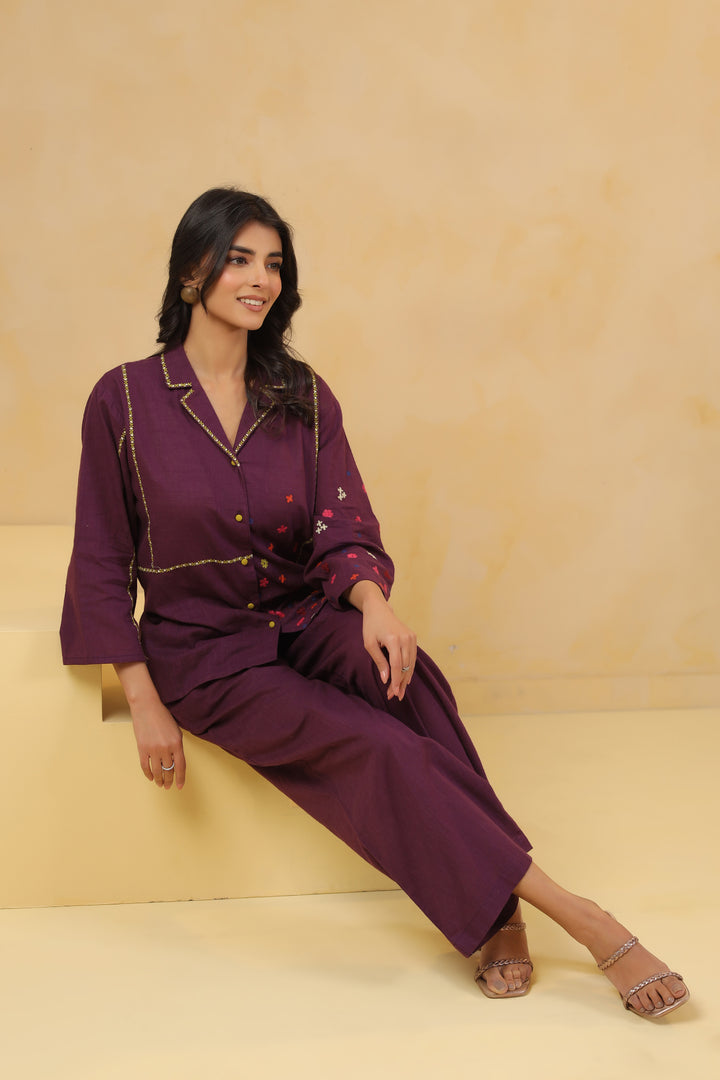Dark Purple Embroidered Designer Co Ords Set