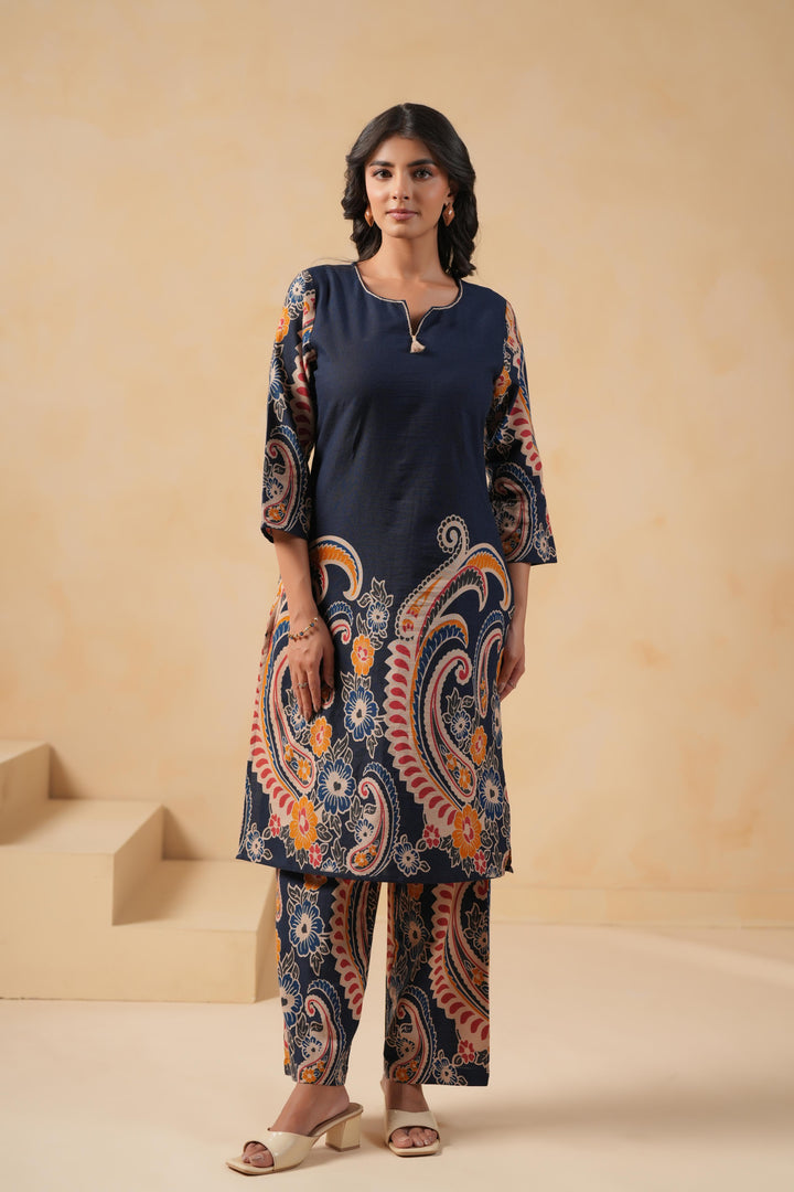 Cotton Flex Blue Designer Printed Kurta Pant Set