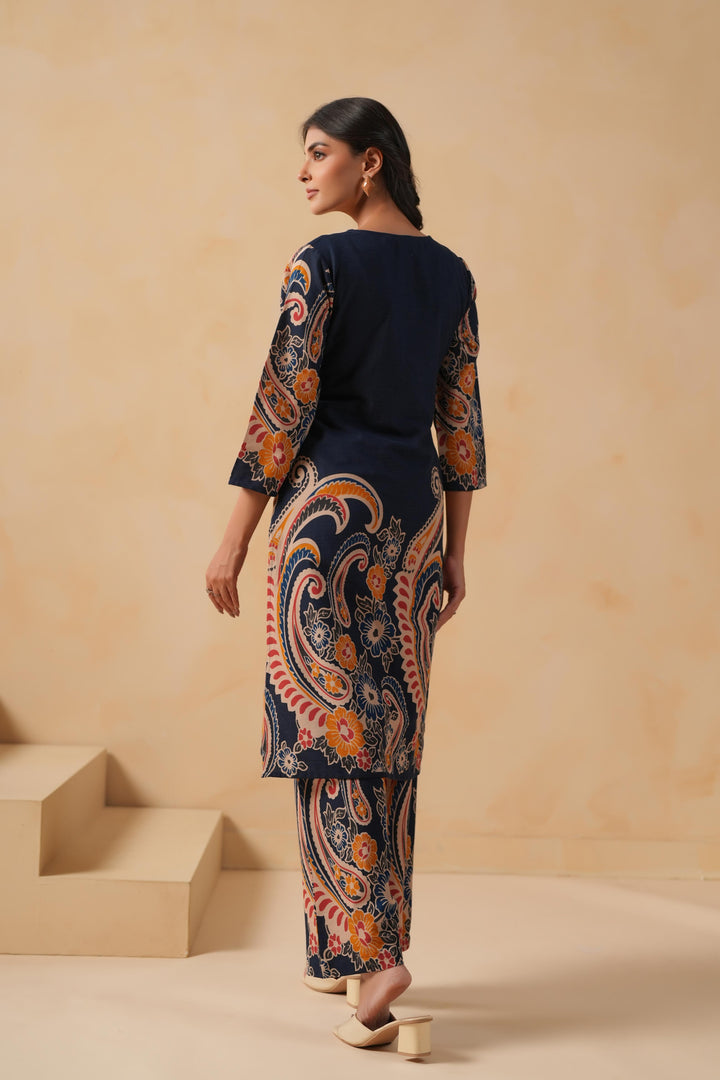 Cotton Flex Blue Designer Printed Kurta Pant Set