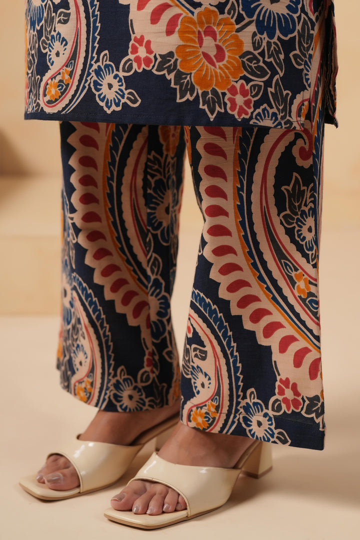 Cotton Flex Blue Designer Printed Kurta Pant Set