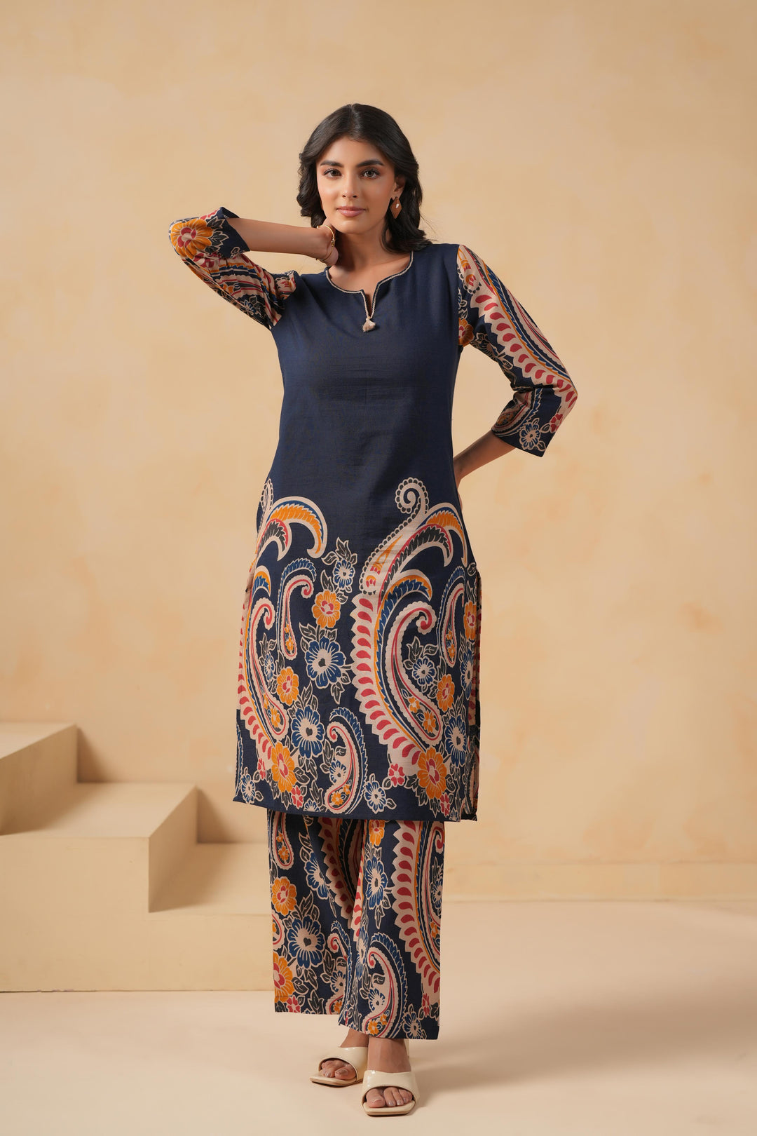 Cotton Flex Blue Designer Printed Kurta Pant Set