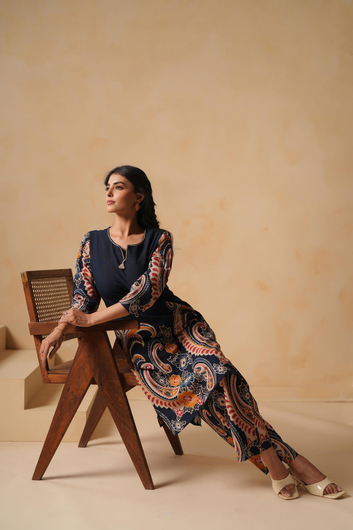 Cotton Flex Blue Designer Printed Kurta Pant Set