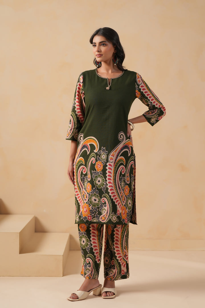 Cotton Flex Green Designer Printed Kurta Pant Set