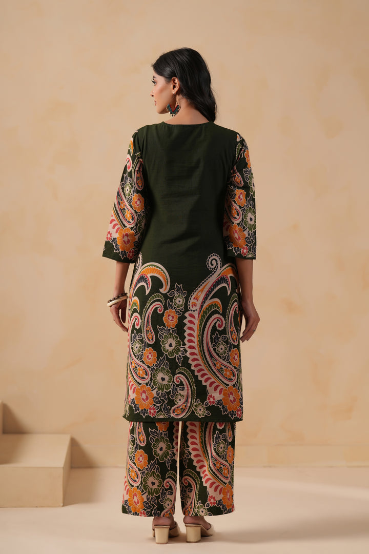 Cotton Flex Green Designer Printed Kurta Pant Set