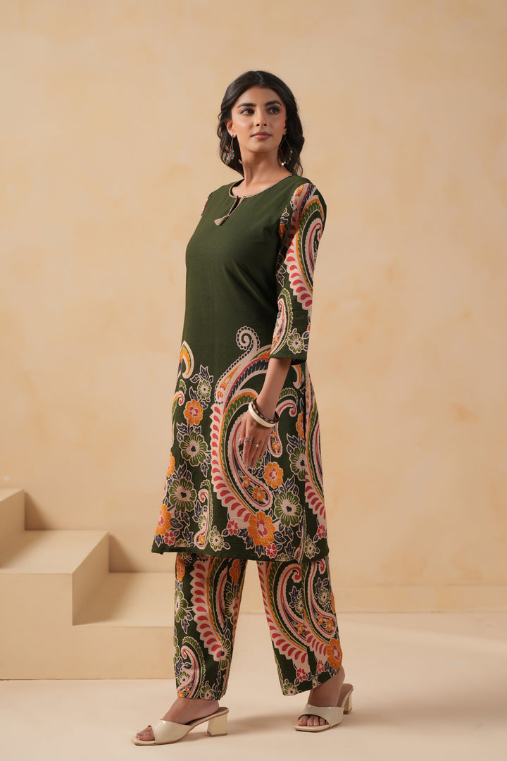 Cotton Flex Green Designer Printed Kurta Pant Set