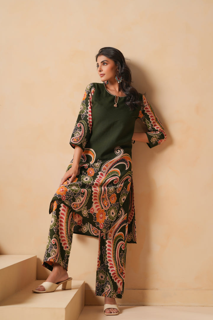 Cotton Flex Green Designer Printed Kurta Pant Set
