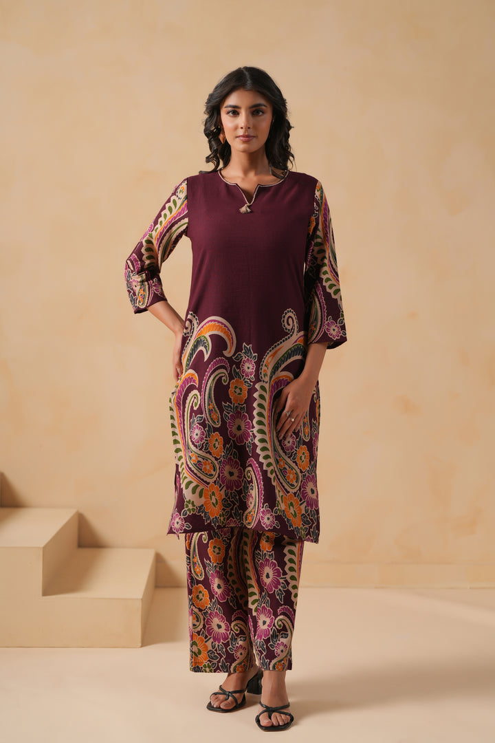Cotton Flex Wine Designer Printed Kurta Pant Set