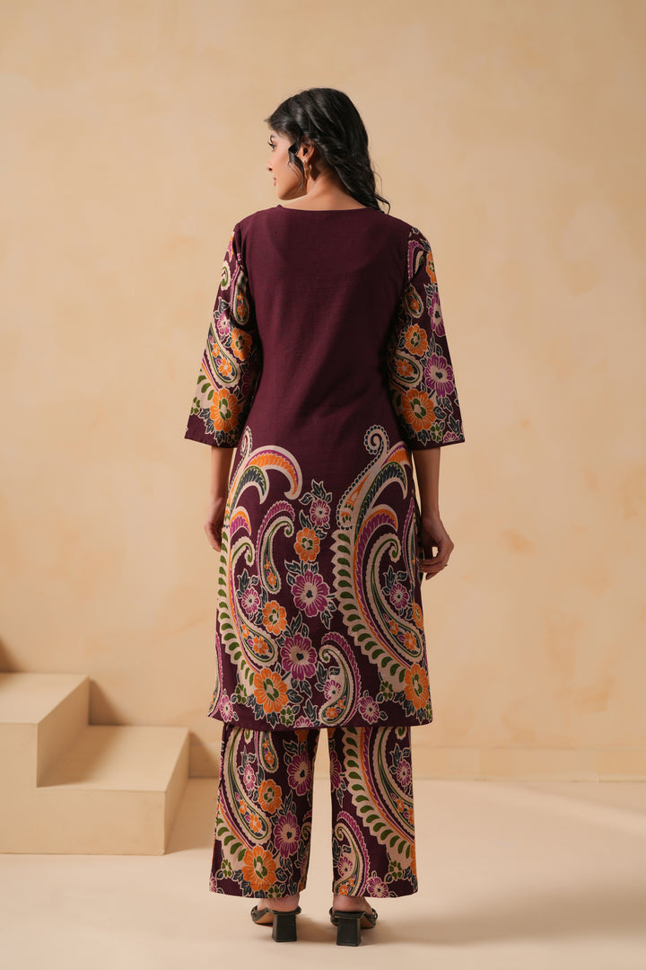 Cotton Flex Wine Designer Printed Kurta Pant Set