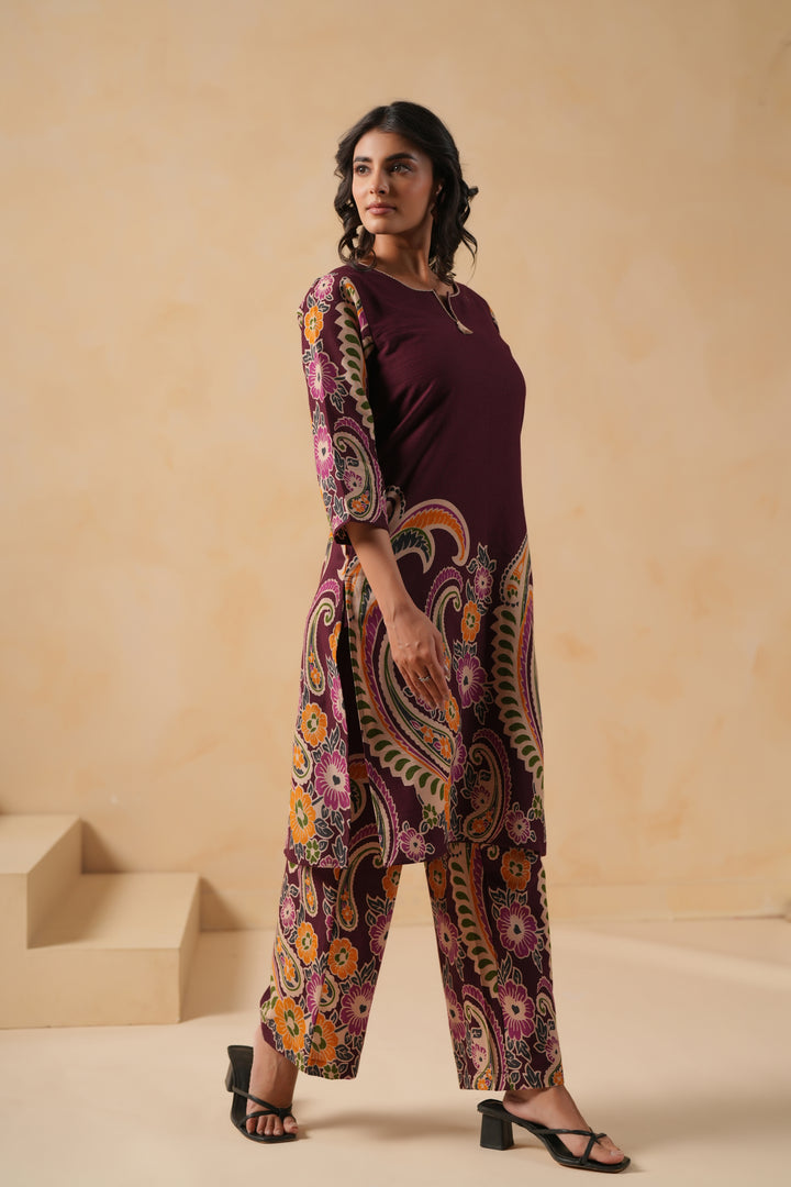 Cotton Flex Wine Designer Printed Kurta Pant Set