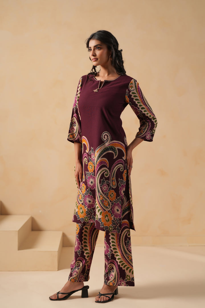 Cotton Flex Wine Designer Printed Kurta Pant Set