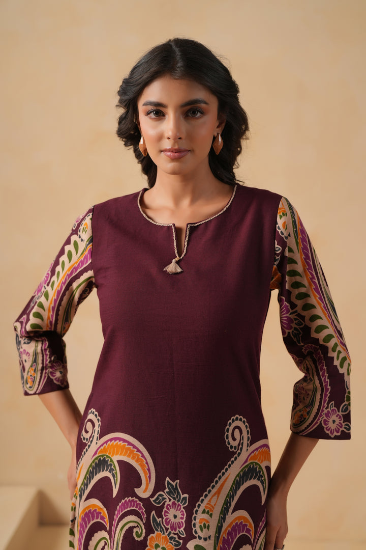 Cotton Flex Wine Designer Printed Kurta Pant Set