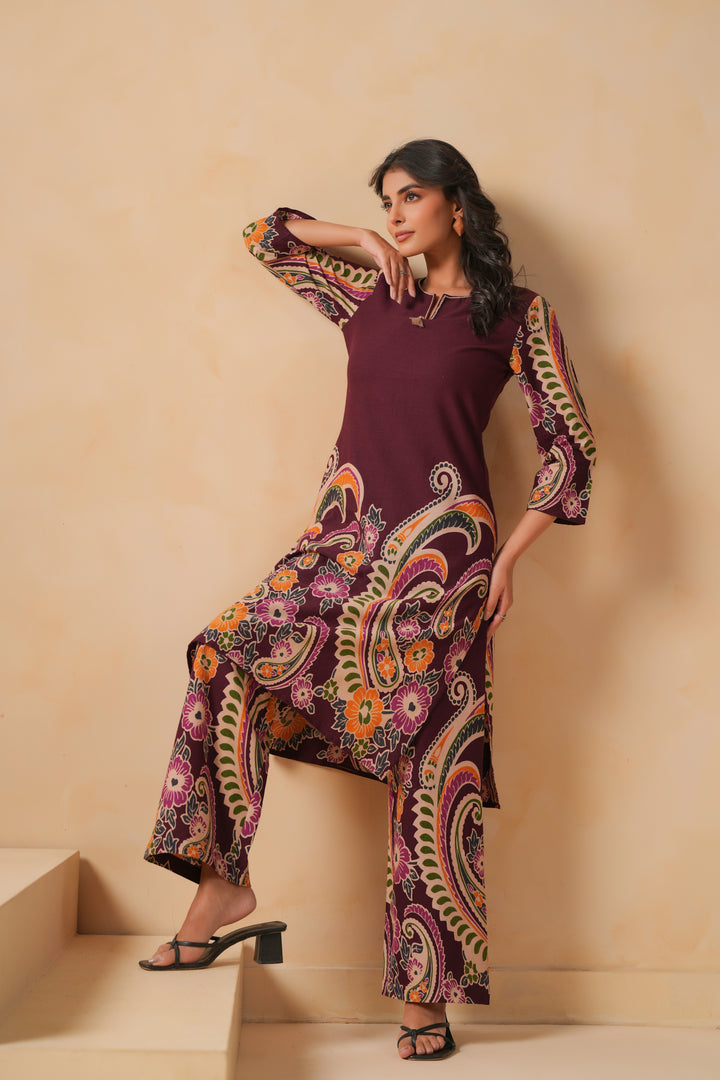 Cotton Flex Wine Designer Printed Kurta Pant Set