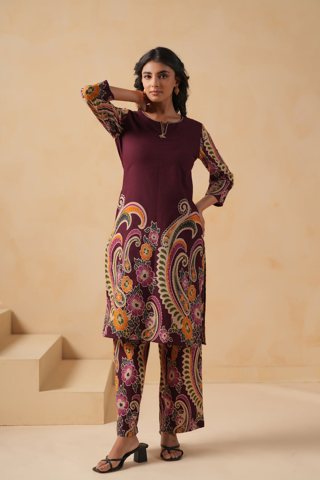 Cotton Flex Wine Designer Printed Kurta Pant Set