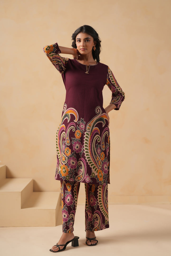 Cotton Flex Wine Designer Printed Kurta Pant Set