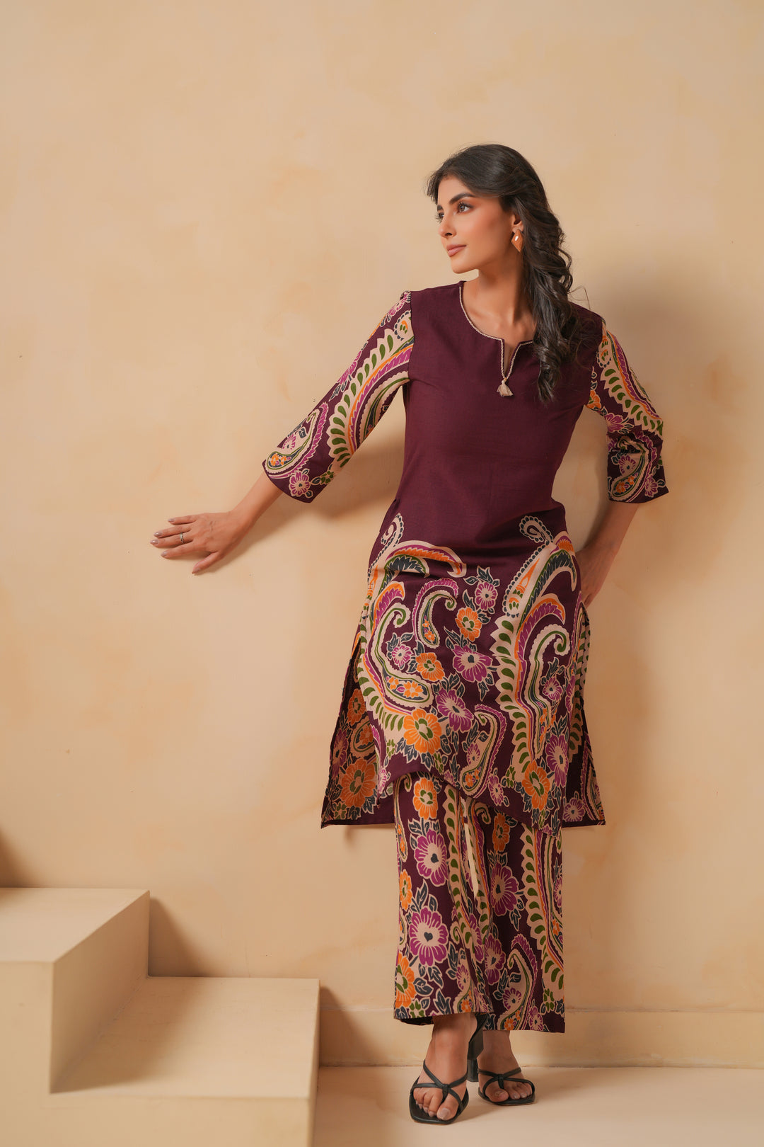 Cotton Flex Wine Designer Printed Kurta Pant Set