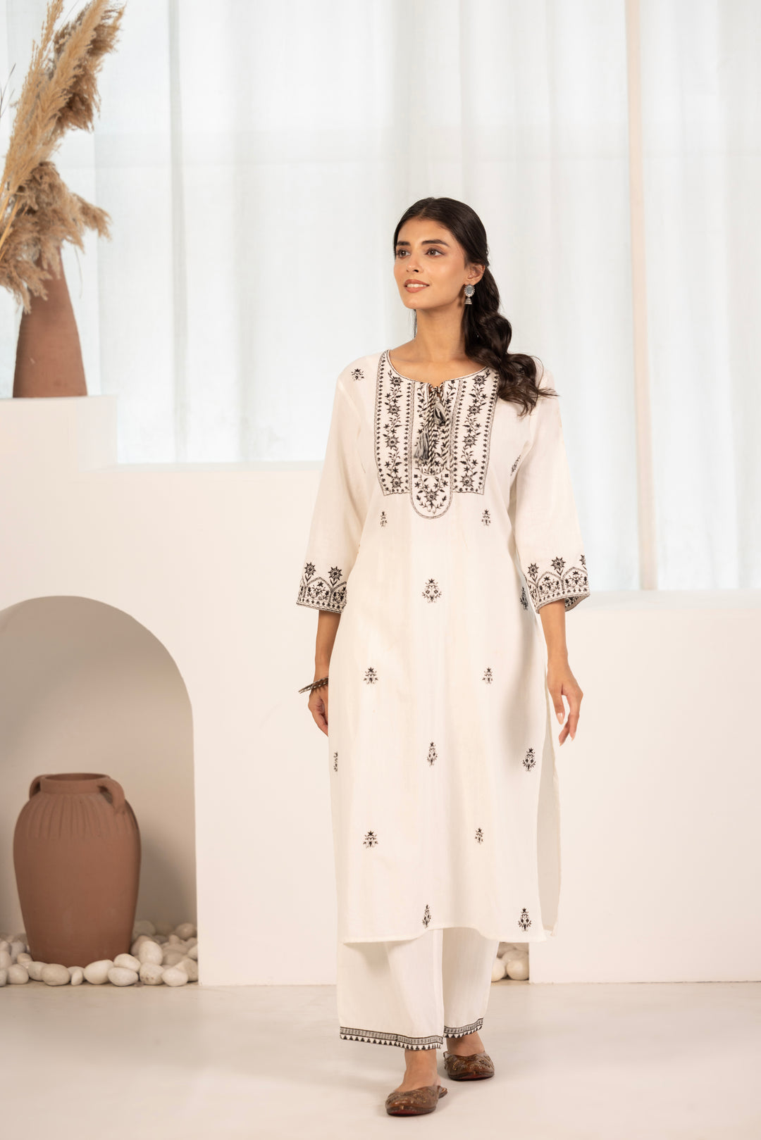White Cotton Embroidered Designer Kurta Pant Set