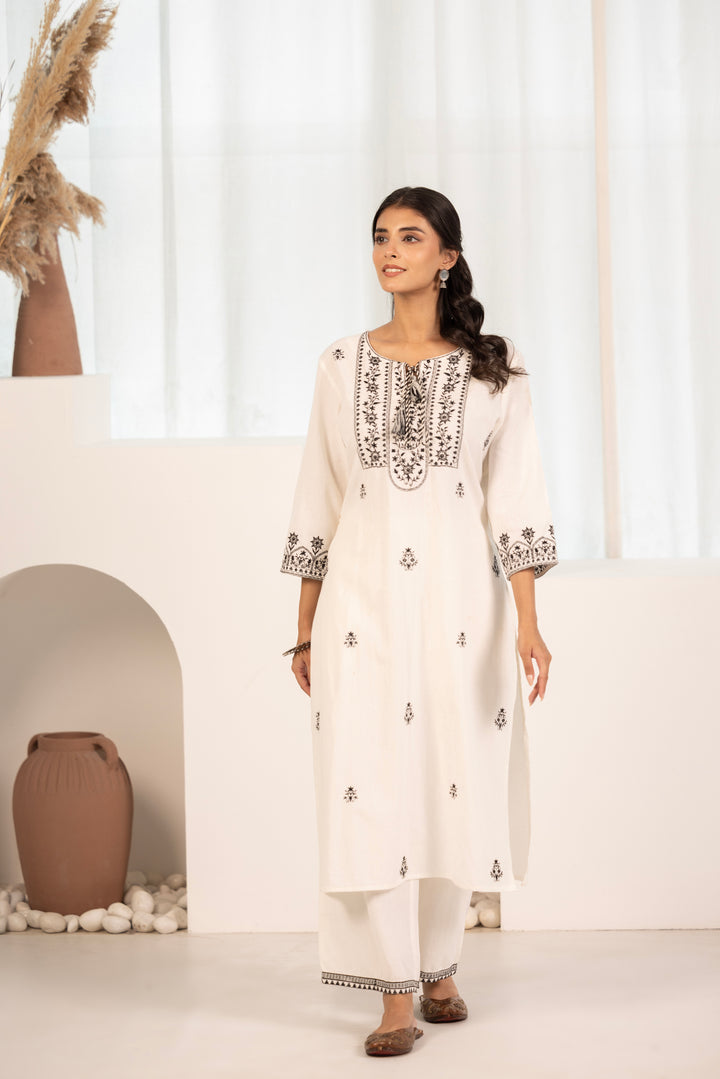 White Cotton Embroidered Designer Kurta Pant Set