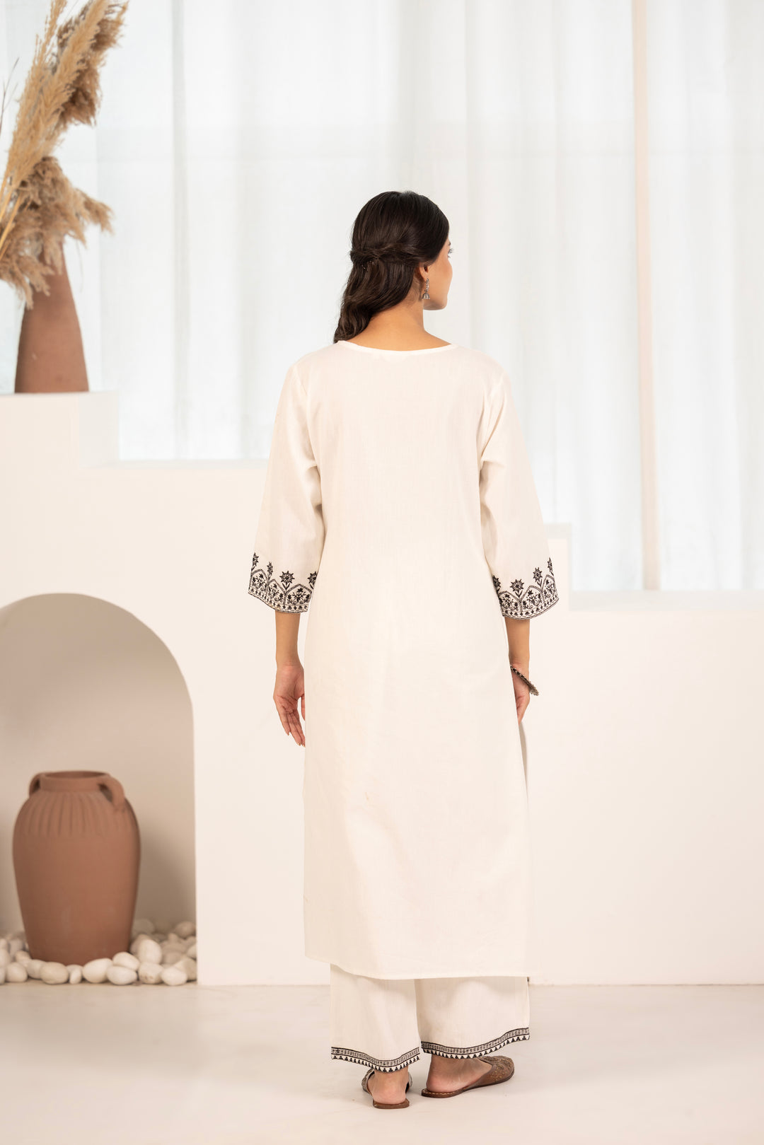 White Cotton Embroidered Designer Kurta Pant Set