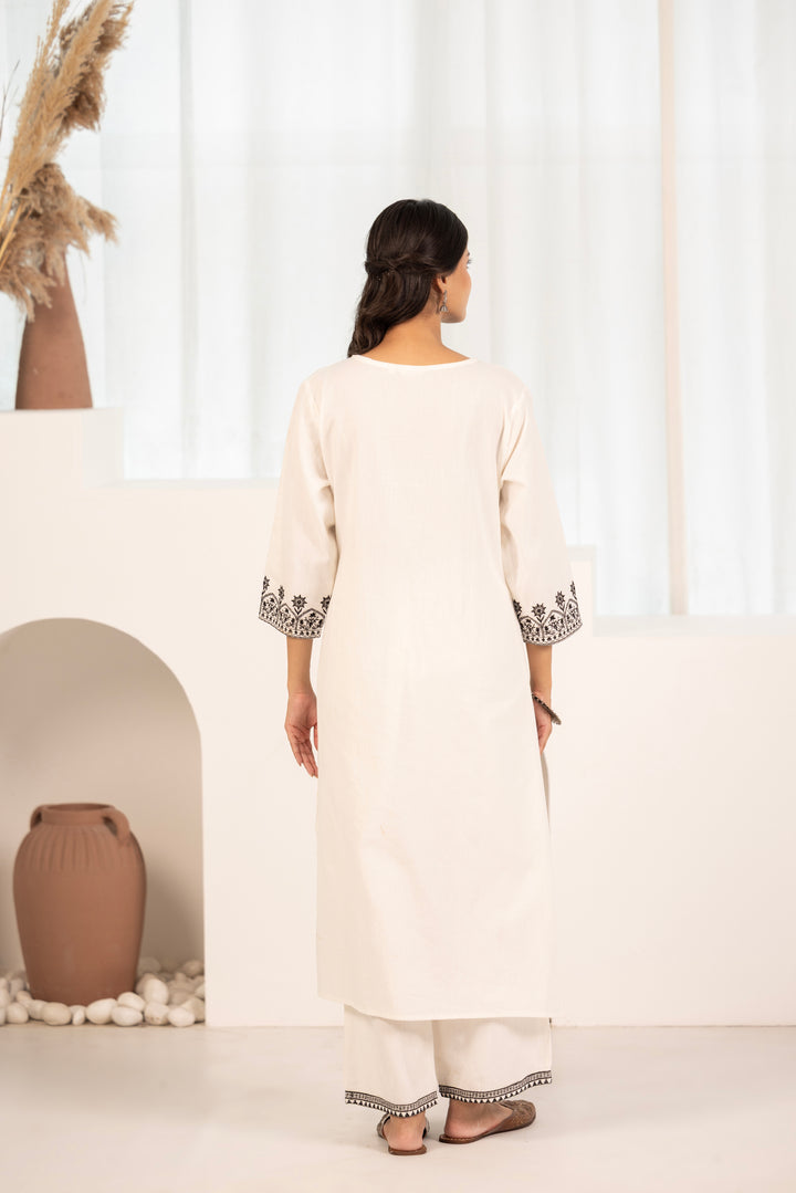 White Cotton Embroidered Designer Kurta Pant Set