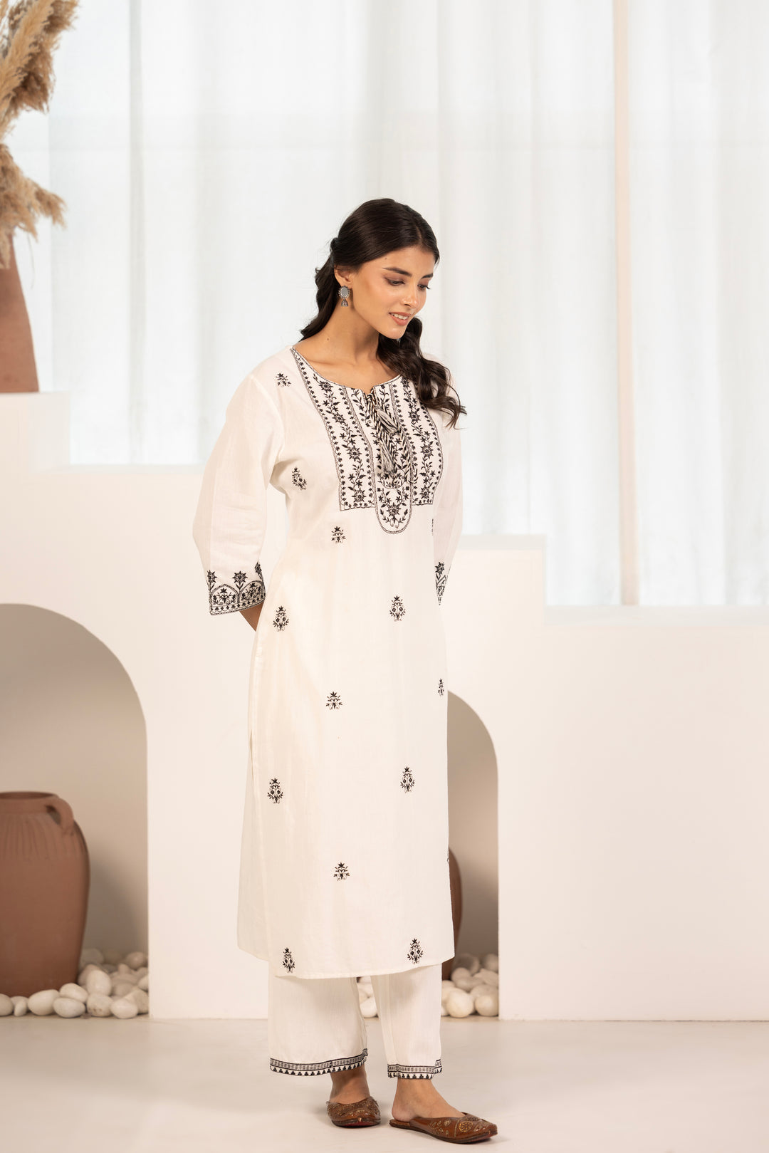 White Cotton Embroidered Designer Kurta Pant Set