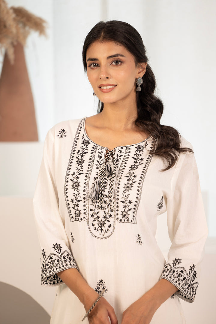 White Cotton Embroidered Designer Kurta Pant Set