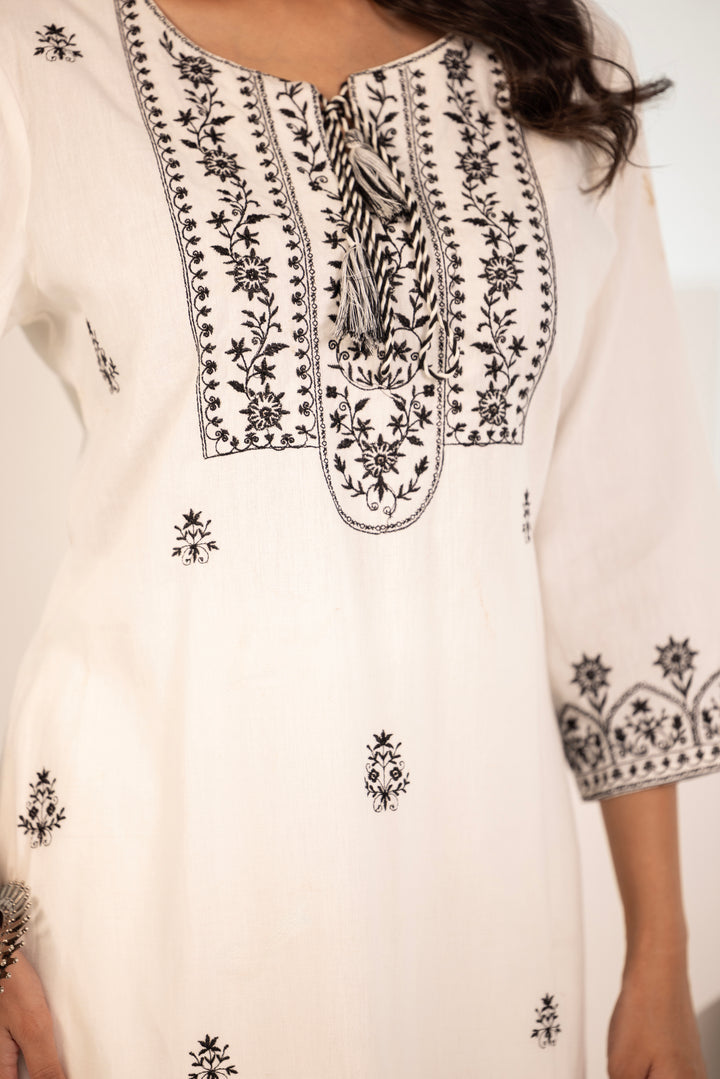 White Cotton Embroidered Designer Kurta Pant Set