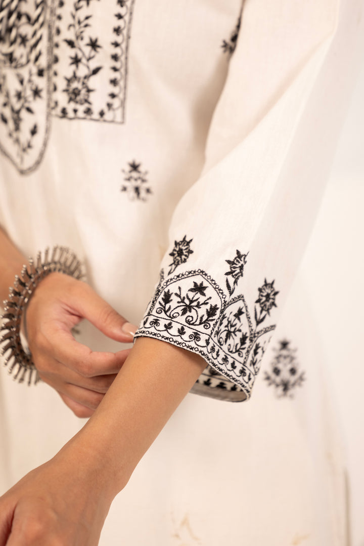 White Cotton Embroidered Designer Kurta Pant Set
