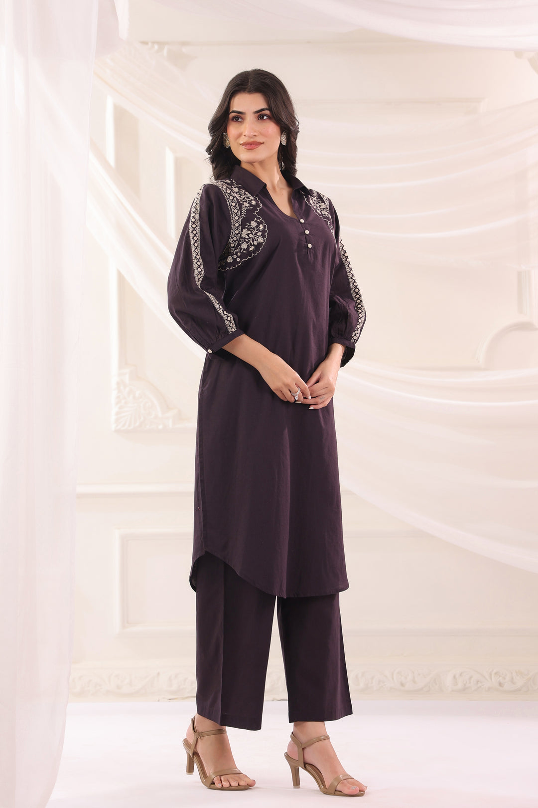 Brown Cotton Embroidered V Neck Kurta Pant Set