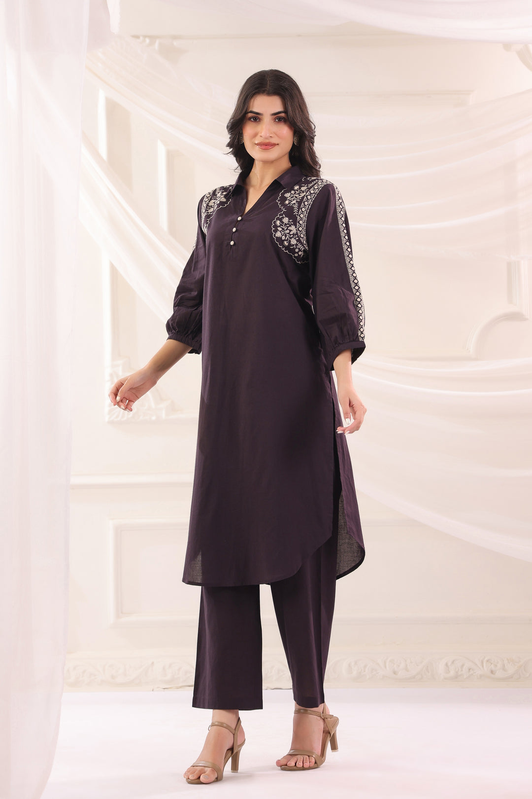 Brown Cotton Embroidered V Neck Kurta Pant Set