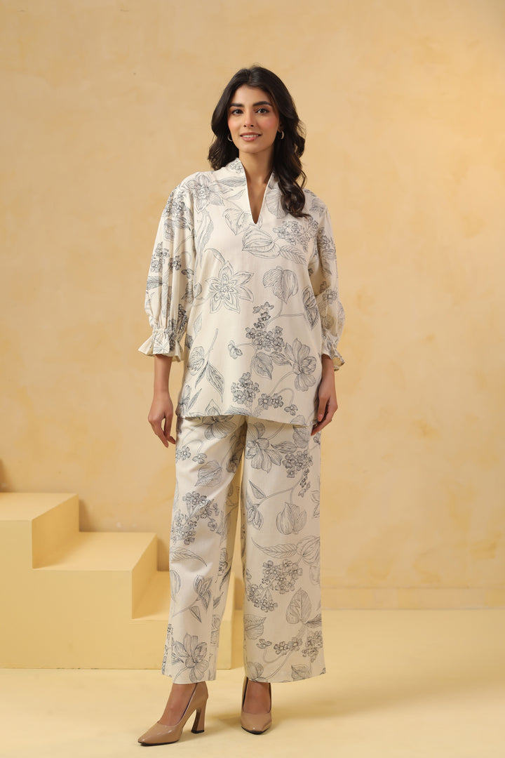 Off White Cotton Printed Designer Co-Ords Set
