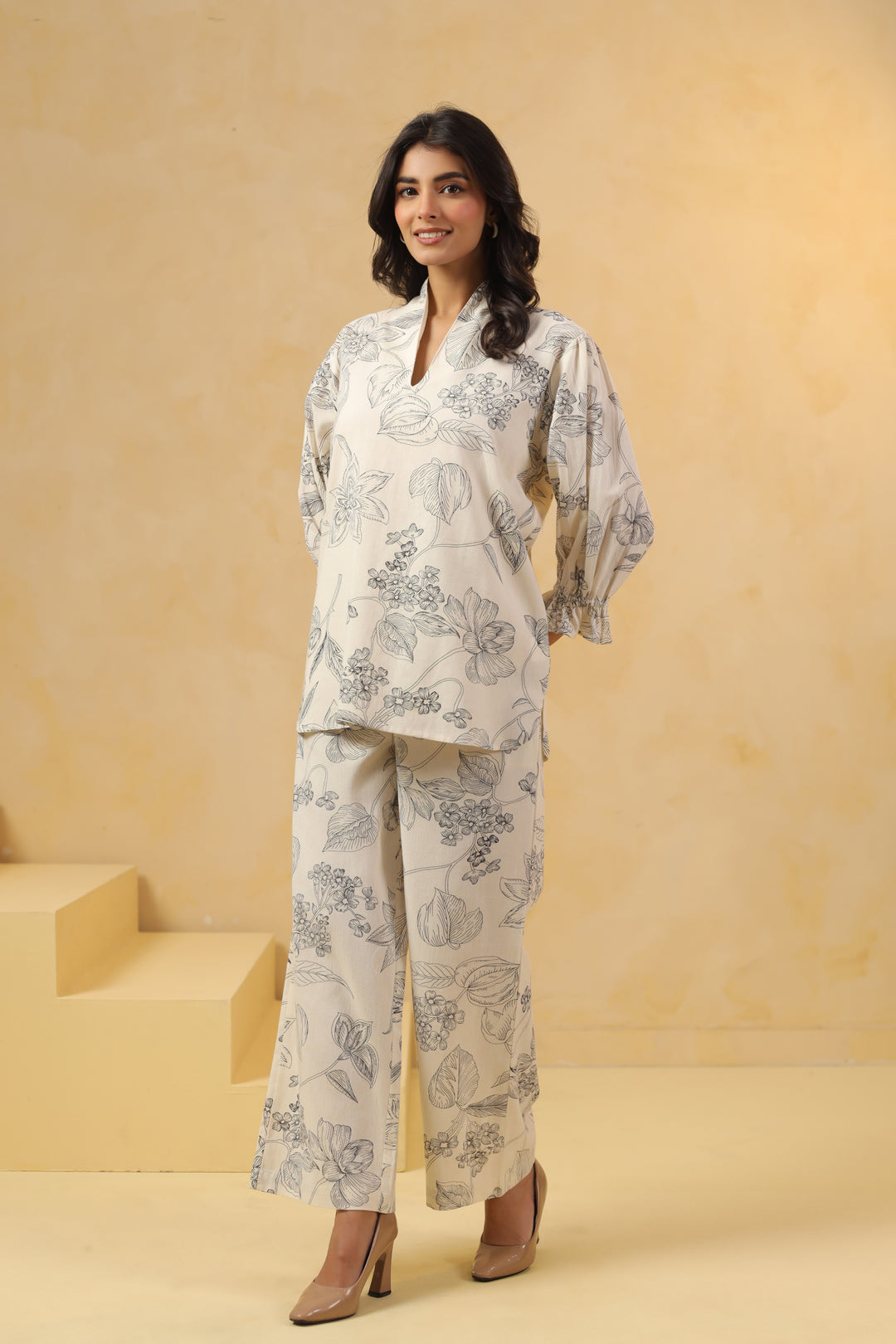 Off White Cotton Printed Designer Co-Ords Set