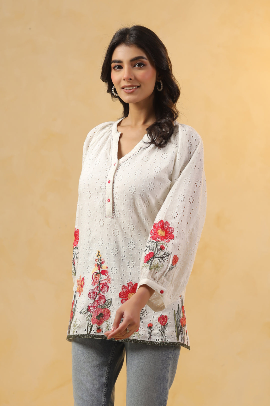 White And Red Cotton Schiffili Embroidery Top