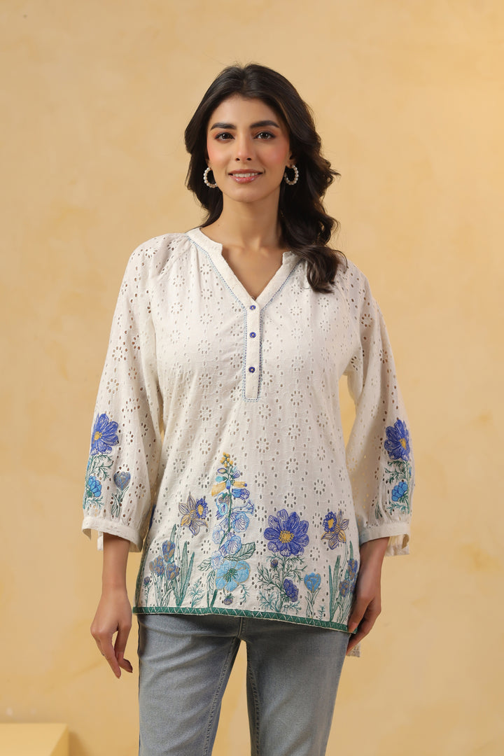 White And Blue Cotton Schiffli Embroidery Top