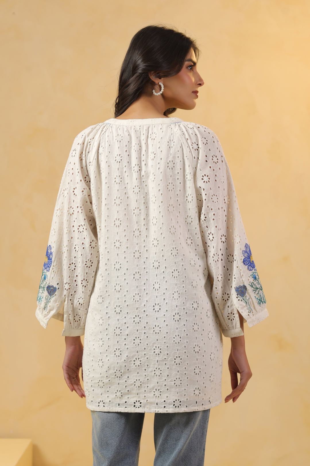 White And Blue Cotton Schiffli Embroidery Top