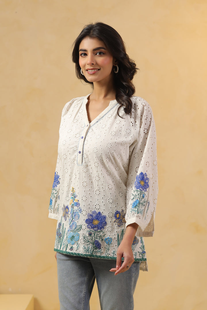 White And Blue Cotton Schiffli Embroidery Top