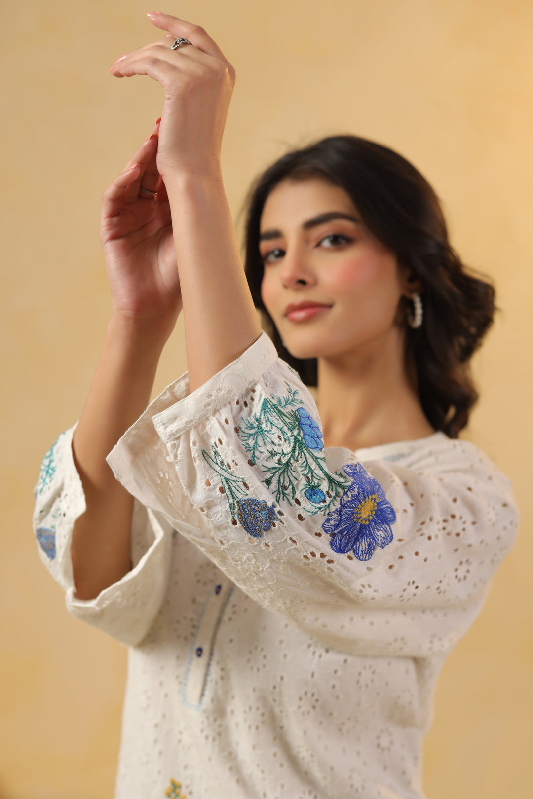 White And Blue Cotton Schiffli Embroidery Top