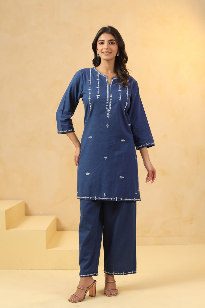 Blue Cotton Flex Embroidered Kurta Pant Set