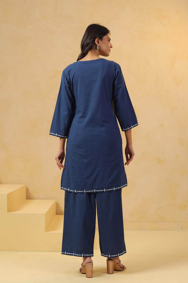 Blue Cotton Flex Embroidered Kurta Pant Set