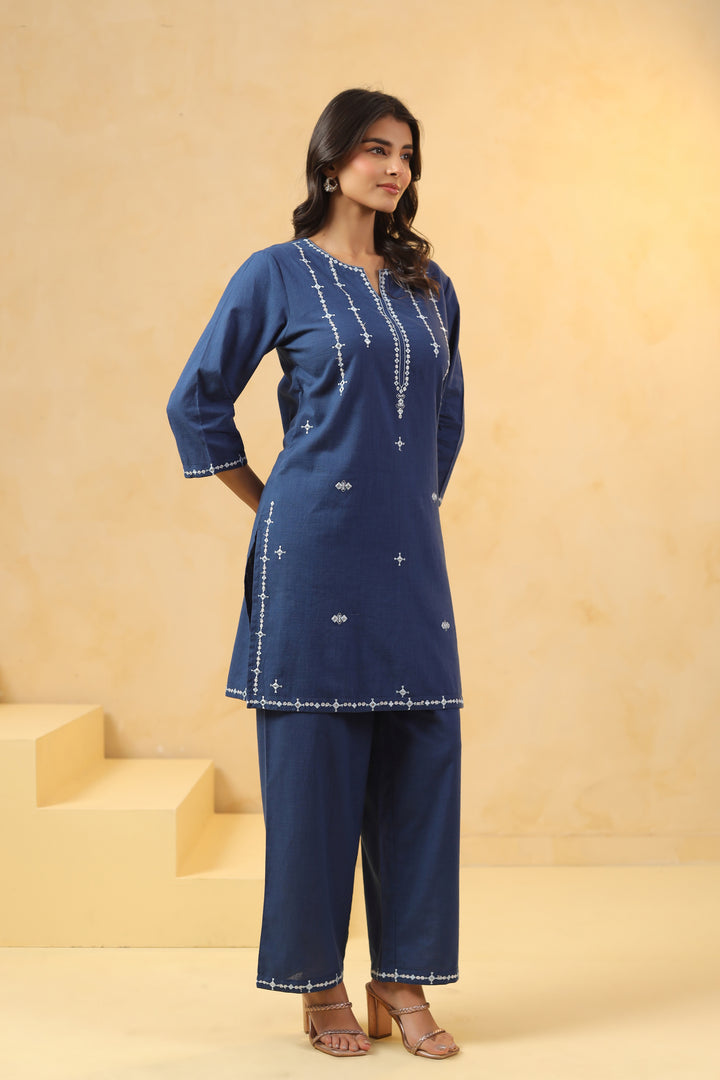 Blue Cotton Flex Embroidered Kurta Pant Set