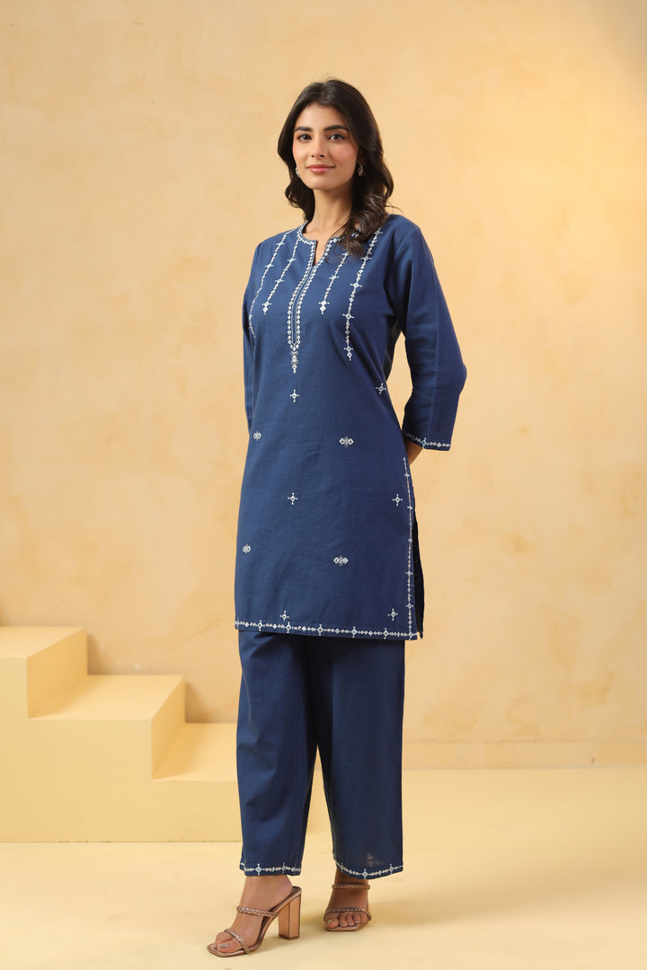 Blue Cotton Flex Embroidered Kurta Pant Set