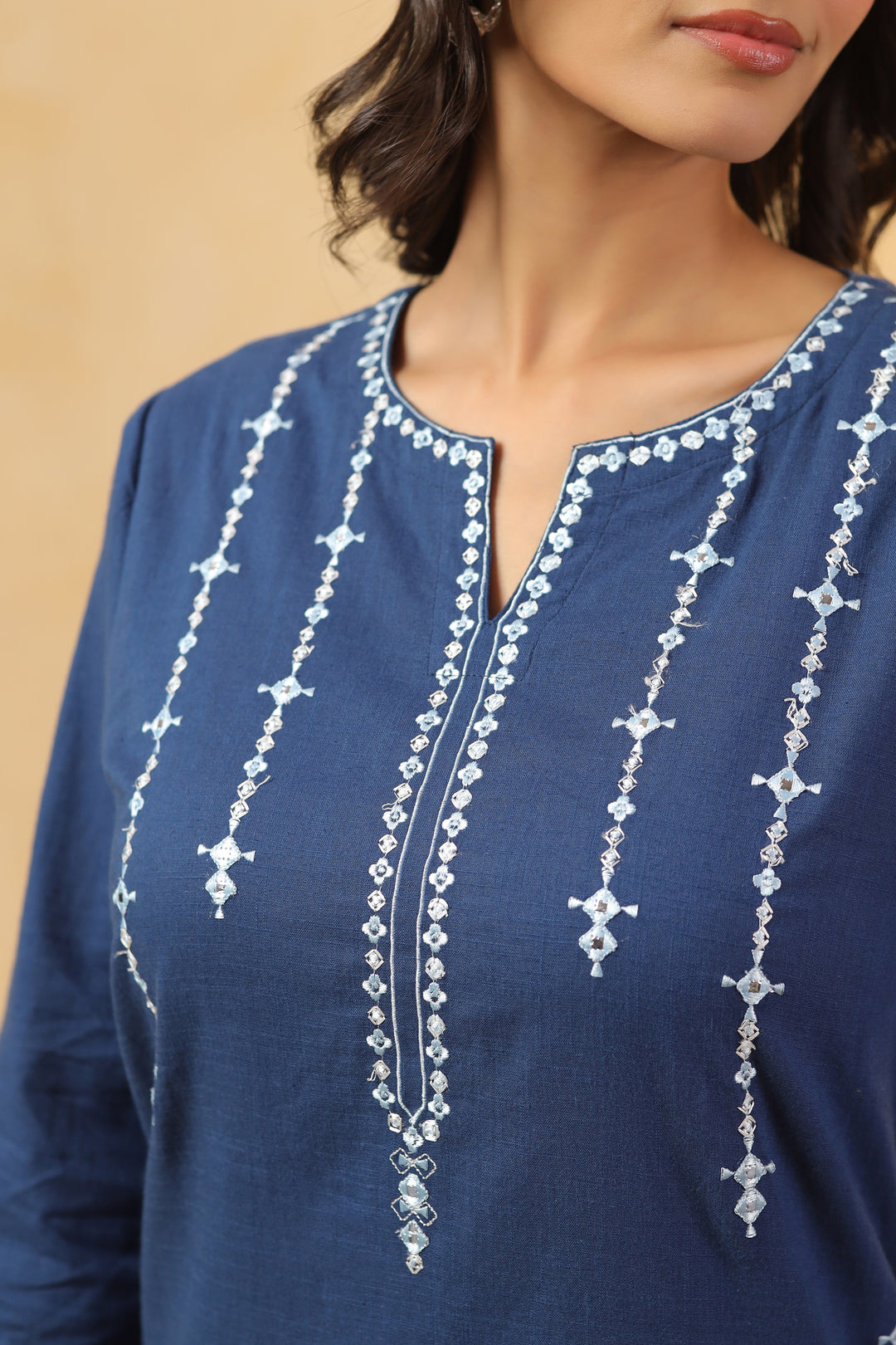 Blue Cotton Flex Embroidered Kurta Pant Set