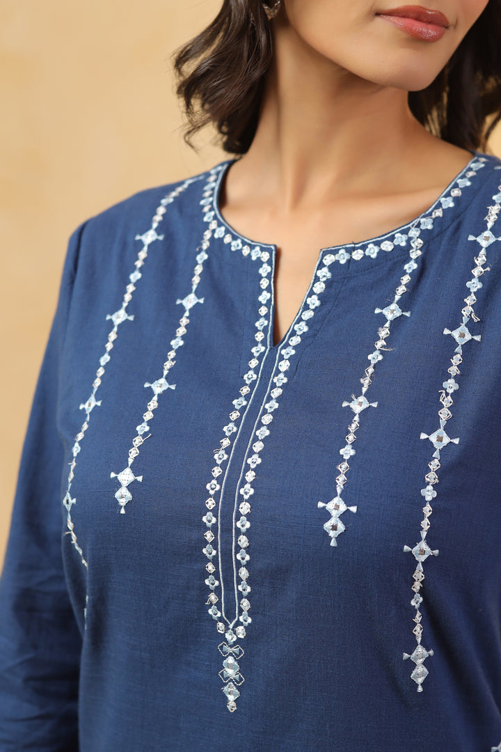 Blue Cotton Flex Embroidered Kurta Pant Set