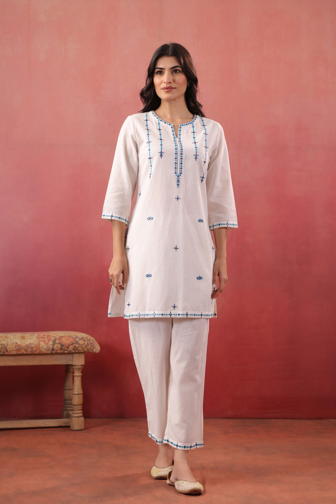 White Cotton Flex Embroidered Kurta Pant Set